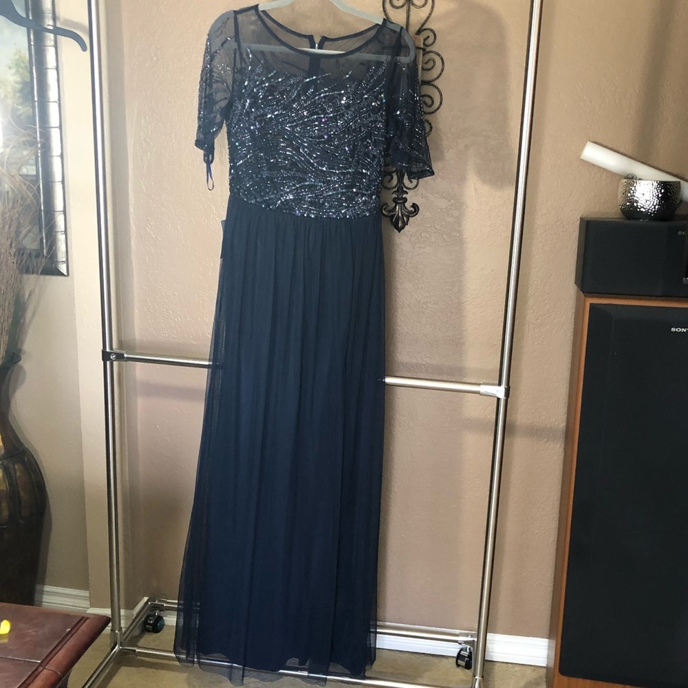 NEW Adrianna Papell Beaded Bodice Mesh Gown Blue - Picture 6 of 8